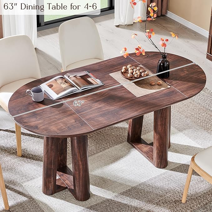 OKD 63" Dining Table for 6-8, Oval Dining Room Table with Triangular Structure Pedestal Stable Base, Curved Table Edge, Circle Kitchen Tables for Dining Room, Kitchen, Dark Walnut