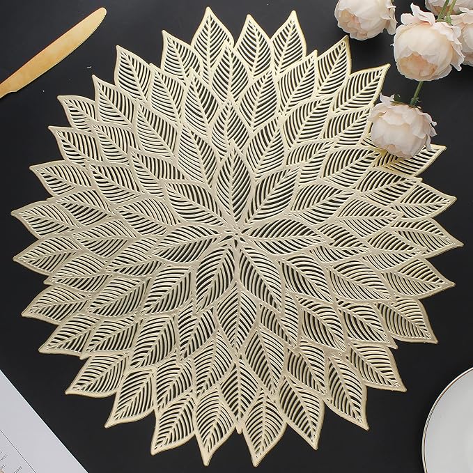 Placemats Set of 6, Round Hollow Out Flowers Place Mats for Dining Table Pressed Vinyl Blooming Leaf Table Mats for Holiday Party Wedding Accent Centerpiece Dinner Decoration (Gold)