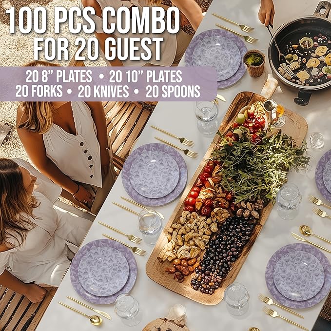 Trendables Fancy Plastic Dinnerware Sets 100 Pc 20 Guests Gold Silverware Disposable 20 X 10 Inch Charger Plates 20 X 8 Inch Dessert Plates 20 x Gold Plastic Forks and Spoons Knives In Blossom Circle