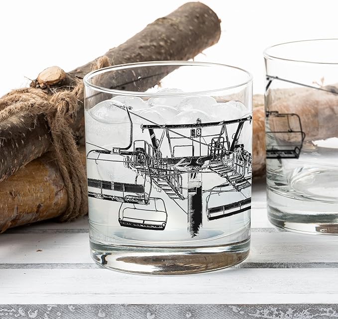 Black Lantern Whiskey Glasses Set of 2 - Ski Lift Old Fashioned Whiskey Glasses for Cocktails Bourbon Scotch and Whisky - Drinking Glasses - 11oz. Heavy Base Tumbler Glasses and Gift Box