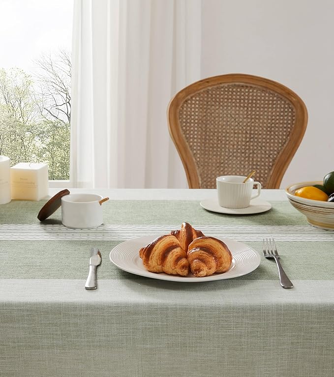 ZeeMart Contrast Linen Table Cloth Rectangle Table Cloths 60x104 Inch Mid-Stripe Green, Farmhouse Style Heavy Weight Sage Green Tablecloth, Water Resistant Burlap Tablecloths