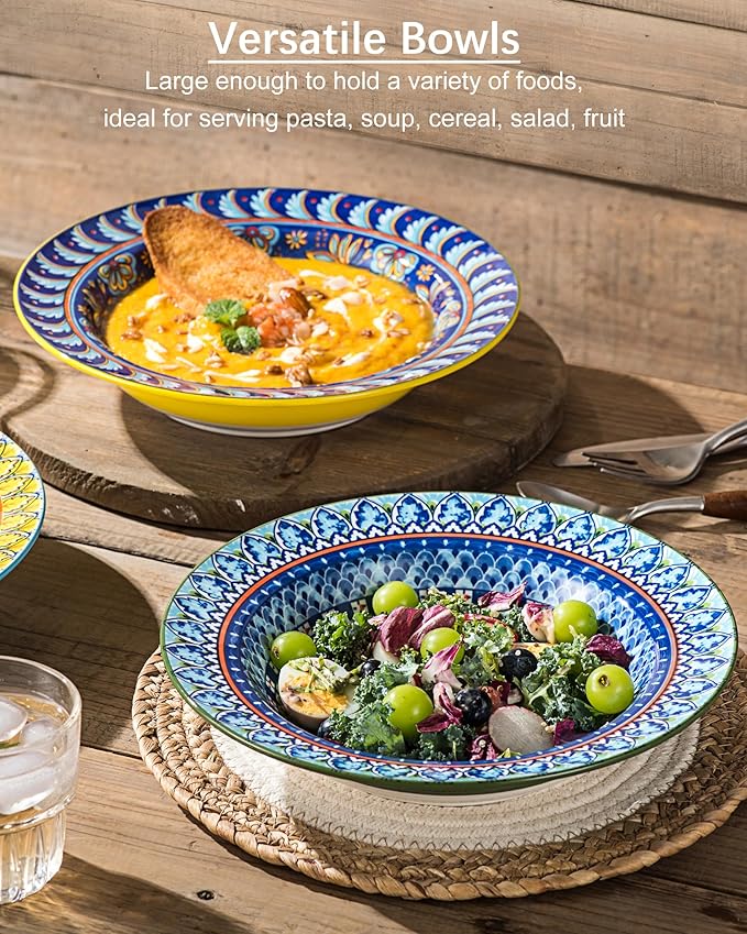 Soup and Pasta Bowls Set of 4-18 Oz Wide Rim, Porcelain Serving Bowls for Kitchen, Deep Dinner Plates - Microwave & Dishwasher Safe - Bohemian Style
