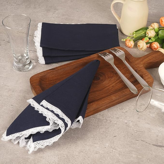 Fingercraft Dinner Cloth Napkin Cotton Linen Set of 12 Mitered Corners with Natural Elegant Lace for Everyday Use Napkins are Pre Shrunk and Good Absorbency with Lace 20x20 in Navy