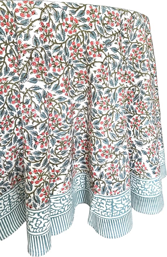 ATOSII Kalina 100% Cotton Round Tablecloth, Handblock Print Floral Table Cloth for Kitchen Dining Linen I Parties, Weddings, Outdoors, Christmas I Fall Home Decor 90" Inches Round