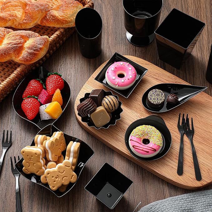 Tessco for you 1600 Pcs Mini Appetizer Plates Dessert Cups with Spoons Forks Set Assorted Shape Plastic Parfait Cups Dessert Plates Container Bowls with Disposable Spoon Fork for Party(Black)