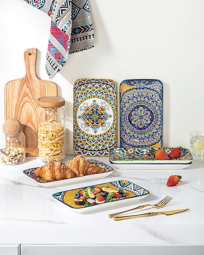 HENXFEN LEAD Boho Ceramic Dinner Plates 10 Inch – Large Rectangular Serving Plates Set of 6 for Salad, Sushi & Main Dishes, Microwave & Dishwasher Safe
