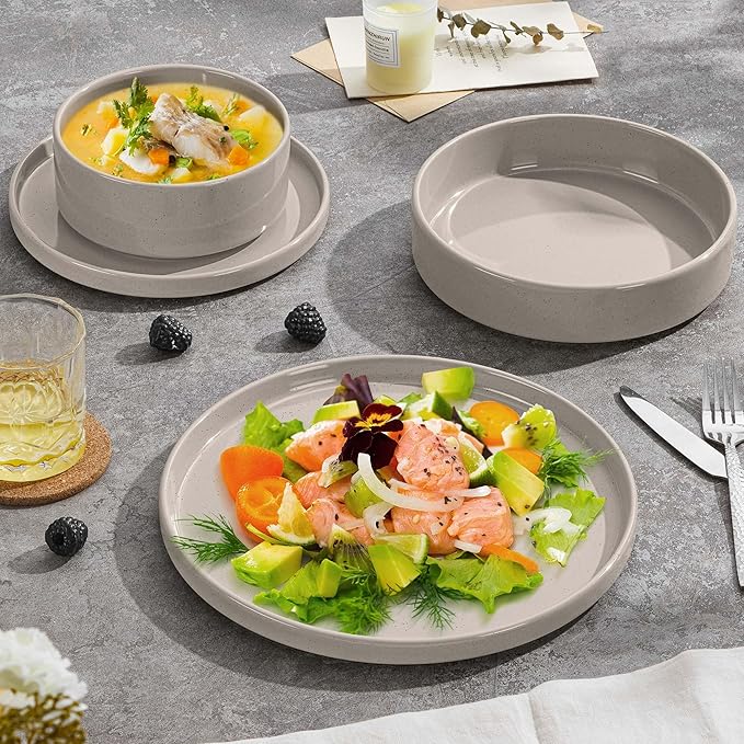 Herogo 8 Piece Plates and Bowls Set, Ceramic Dinnerware Sets with Pasta Bowls, Kitchen Dinner Ware Dishes Service for 2, Chip & Scratch Resistant Dishware, Speckled Coffee Brown