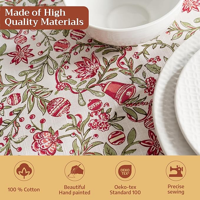 Maison d' Hermine Table Cloth Round Table 100% Cotton 63 Inches Fall Tablecloth Reusable Everyday Use for Thanksgiving Christmas Decorations Dining Farmhouse Party (Reveillon Au Jardin)