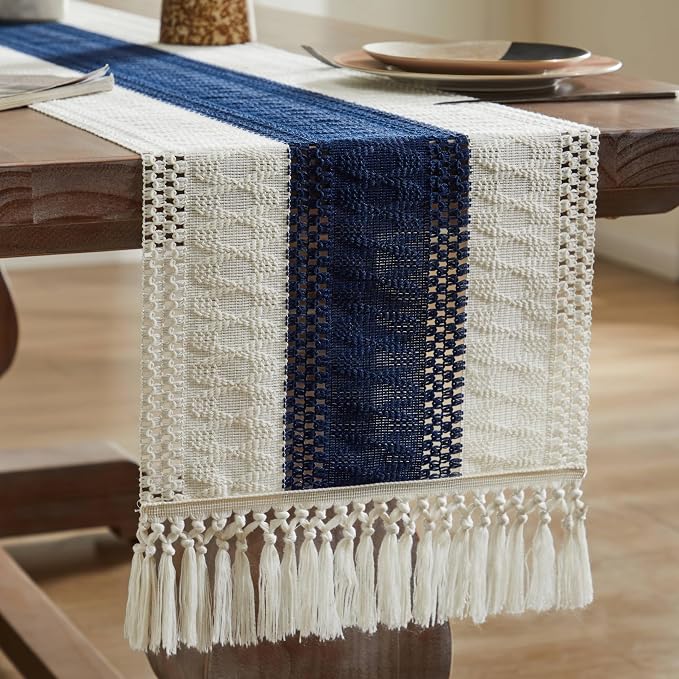 Macrame Style Bicolor Stitching Table Runner 14x60in Navy Blue | Woven Boho - Image 7