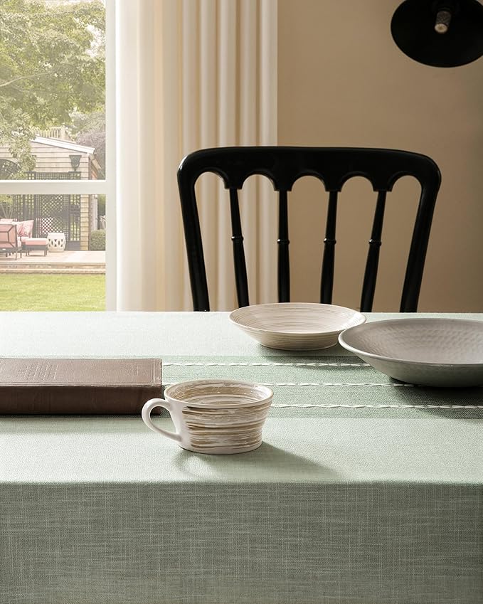 ZeeMart Contrast Linen Table Cloth Rectangle Table Cloths 52x70 Inch Green, Farmhouse Style Heavy Weight Sage Green Tablecloth, Water Resistant Burlap Tablecloths