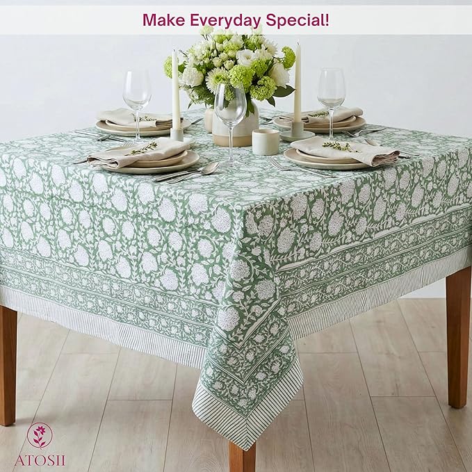 ATOSII Shalimar Green 100% Cotton Spring Summer Tablecloth, Handblock Print Rectangle Table Cover for Dining, Parties, Wedding, Outdoors, Easter Table Cloth I 72 X 140 Inches I 12 Seater