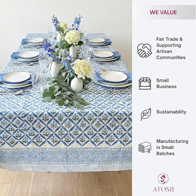 ATOSII Netta Blue 100% Cotton Rectangle Summer Tablecloth, Handblock Floral Print Linen Table Cloth for Kitchen Dining I Parties, Weddings, Outdoors, Decor 60 X 90 Inches, 6 Seater