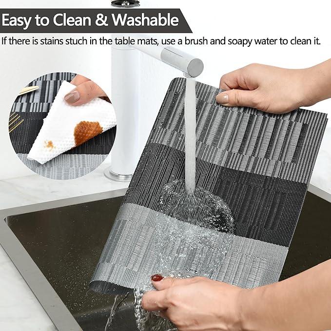 SLKQG Placemats Set of 6 - Easy Clean Washable Vinyl Placemats - Heat Resistant PVC Place Mats for Dining Table (Black and Gray, 6)