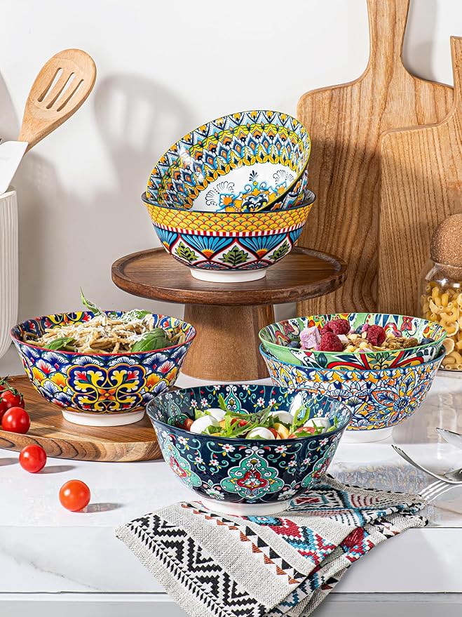HENXFEN LEAD Boho Cereal and Soup Bowls Set of 6 – 24 oz Colorful Ceramic Bowl for Kitchen, Perfect for Oatmeal, Pasta, Salad, Dessert, Fruit – Microwave & Dishwasher Safe