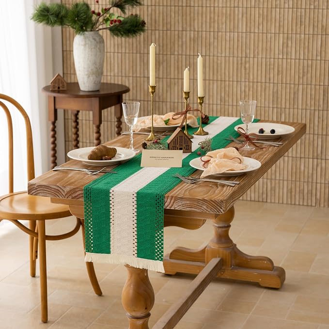 Keketoarrange Christmas Green Boho Table Runner 12x72 Inch | Woven Burlap - Image 3