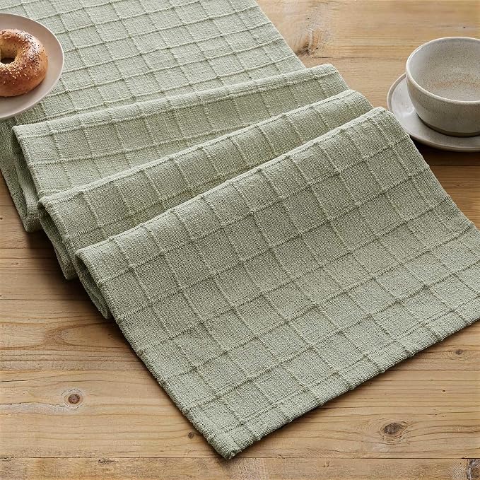 Artisanal Grid Linen Table Runner, 13x72 Inches Seeding Green | Heavy Textured - Image 2
