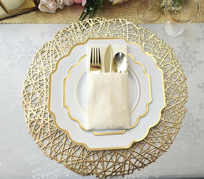 " OCCASIONS " 50 Plates Pack (25 Guests)-Heavyweight Wedding Party Disposable Plastic Plate Set -(25x10.5'' Dinner + 25x8'' Salad/Dessert) (Imperial White & Gold)