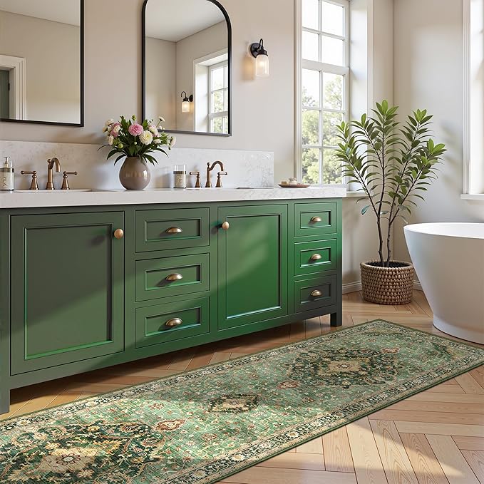 Deerly Green Runner Rug 3x10 Boho Washable Extra Long Rug for Hallway, Waterproof Large Kitchen Floor Rug, Non-Slip Stain & Fade Resistant, Vintage Floral Decor