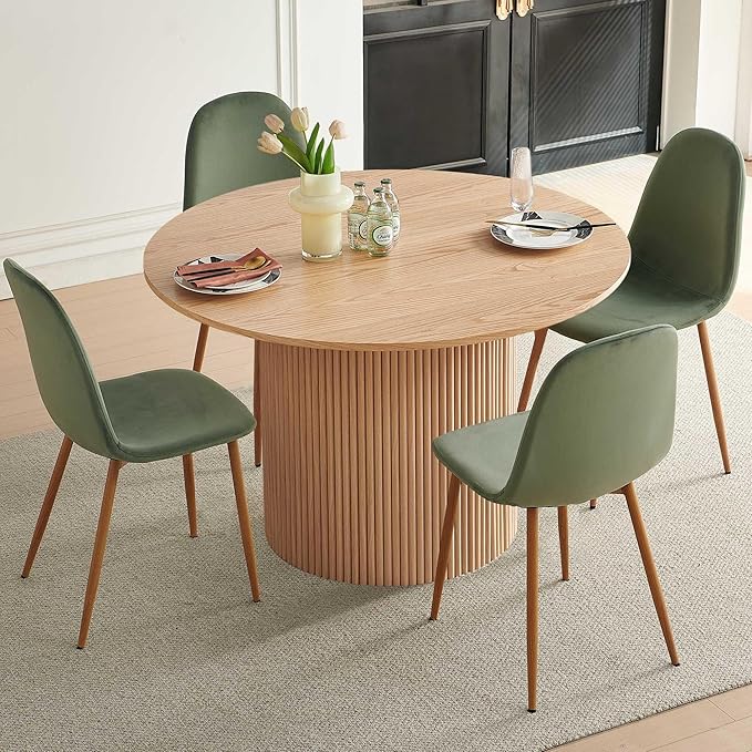 Dining Table Set for 4, Mid Century Modern 47 Inch Wooden Round Dining Table Set, Space Saving (Table + 4 Green Chairs)