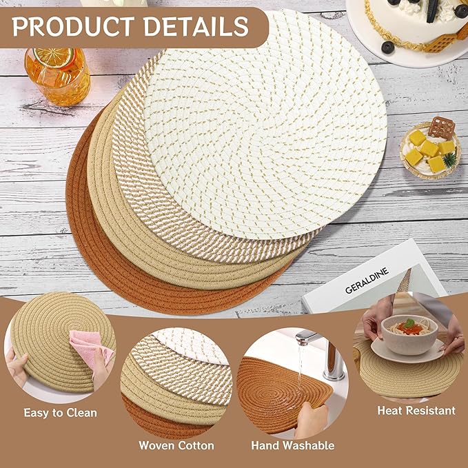 Kochorie Set of 4 Round Woven Cotton Placemats, 13 Inch Boho Table Mats for Kitchen and Dining Table, Farmhouse Heat Resistant Washable Trivets, Fall Thanksgiving Christmas Décor (Mixed Brown)