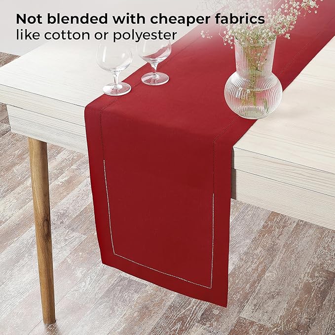 D'Moksha Homes Linen Red Table Runner 72 Inches Long - 100% Pure Linen Hemstitch Table Runner 14 x 72 Inch for Dresser, Dining, Valentines, Spring - Classic Hemstitch