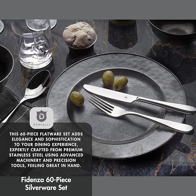 Silverware Set for 12 – 18/10 Stainless Steel Flatware, Mirror Finish, Dishwasher Safe, Rust Resistant, Heavy-Duty Cutlery for Dining and Hosting (60-Piece Set, Fidenza)