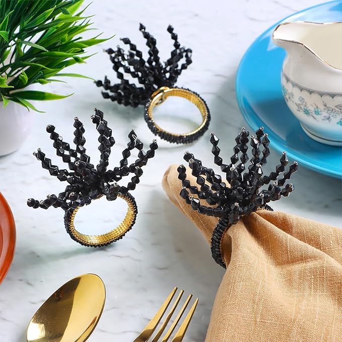 CLEENTABLE 12-Pcs Decorative Napkin Rings - Beaded Serviette Ring Napkin Holders for Summer Beach Wedding Ocean Coastal Nautical Holiday Party Home Table Décor (Black)