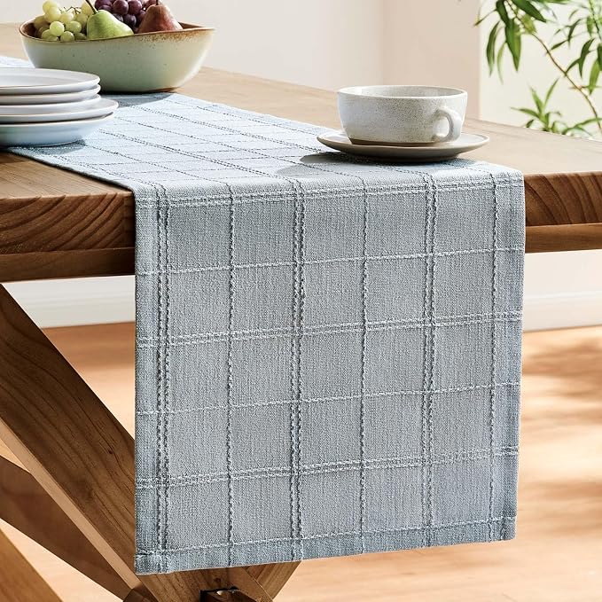 Linen Checked Farmhouse Table Runner, 13x48 Inches Chambray | Raised Grid Design - Image 4