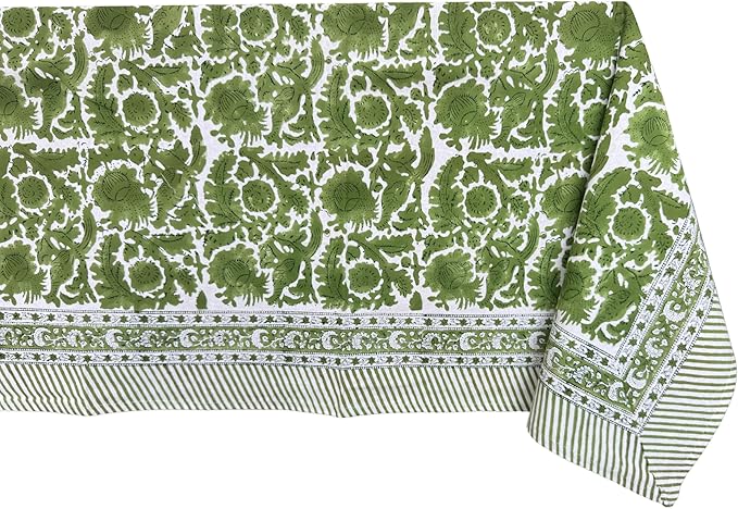ATOSII Paradise Green 100% Cotton Rectangle Summer Tablecloth, Handblock Floral Print Linen Table Cloth for Kitchen Dining I Parties, Weddings, Outdoors, Decor 60 X 90 Inches