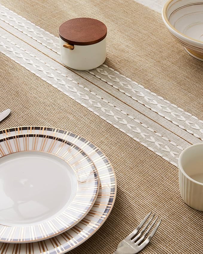 ZeeMart Contrast Linen Table Cloth Square Table Cloths 52x52 Inch Mid-Stripe Brown, Farmhouse Style Heavy Weight Beige Tablecloth, Water Resistant Burlap Tablecloths