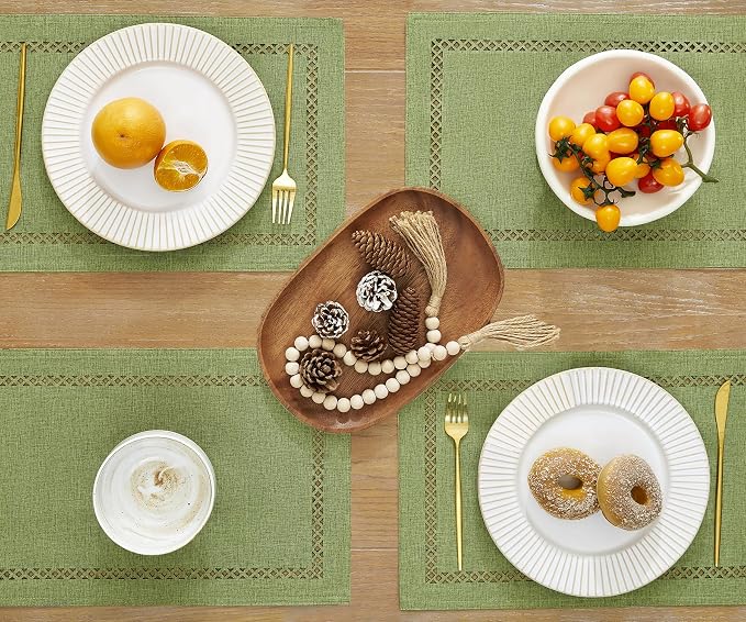 Farmhouse Burlap Hollow Placemats Set of 6, 12 x18 Inch Sage Green | Double - Image 2