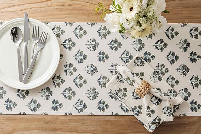 Block Print Floral Decorative Table Runners, 13x90 Inch Olive | 100% Organic - Image 4