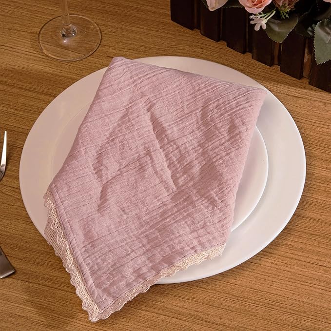 FINGERCRAFT Dinner Cloth Napkin Cotton Muslin Double Gauze 4 Pack with Classic Lace for Everyday Use, Wedding, Party, Christmas, Easter Napkins Cloth are Pre Shrunk and Good Absorbency Peach Wipe