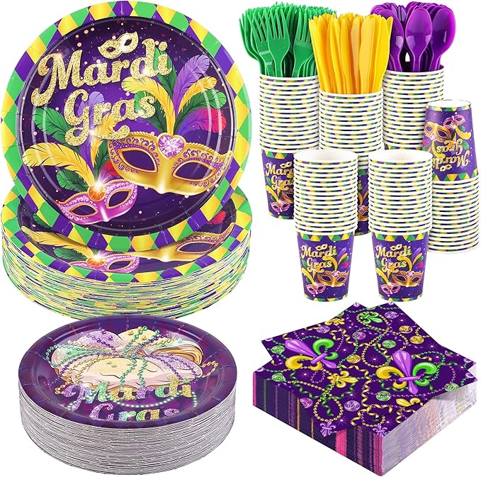 Kochorie 400 Pieces Mardi Gras Disposable Party Tableware Sets, Masquerade Table Decorations Including Plates Cups Napkins Cutlery Serves 50 for Carnival Birthday Mardi Gras Party Supplies