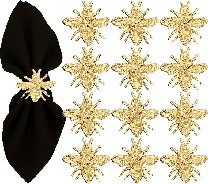 ALPHA Living HOME Decorative Bee Napkin Rings - 12 Pcs Premium Metal Napkin Rings Table Decor Napkin Ring, Dining Cloth Napkin Holder for Wedding, Party, Christmas, Everyday Dining (Gold)