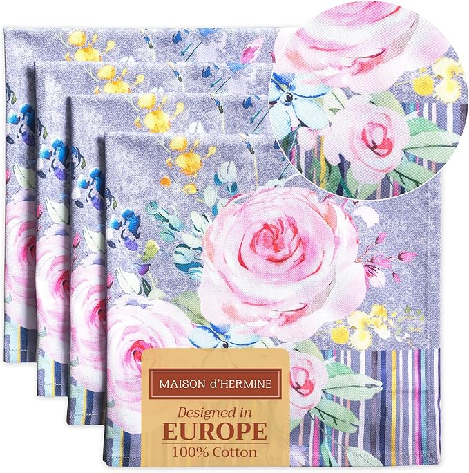 Maison d' Hermine Cloth Napkins Set of 4 100% Cotton Everyday Reusable Square Napkins Cloth Washable Dinner Restaurant Valentines Day Decorations Spring/Summer (Sweet Rose Lavender - Lush, 20" x 20")