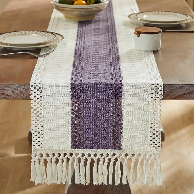 Macrame Style Bicolor Stitching Table Runner 14x90in Purple | Woven Boho Table - Image 3