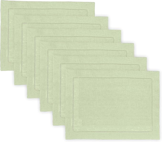 Solino Home Linen Cloth Placemats Set of 6-100% Pure Linen Hemstitch Sage Green Placemats 14 x 19 Inch - Classic Hemstitch Table Place Mats for Winter, Spring, Easter, St Patricks Day