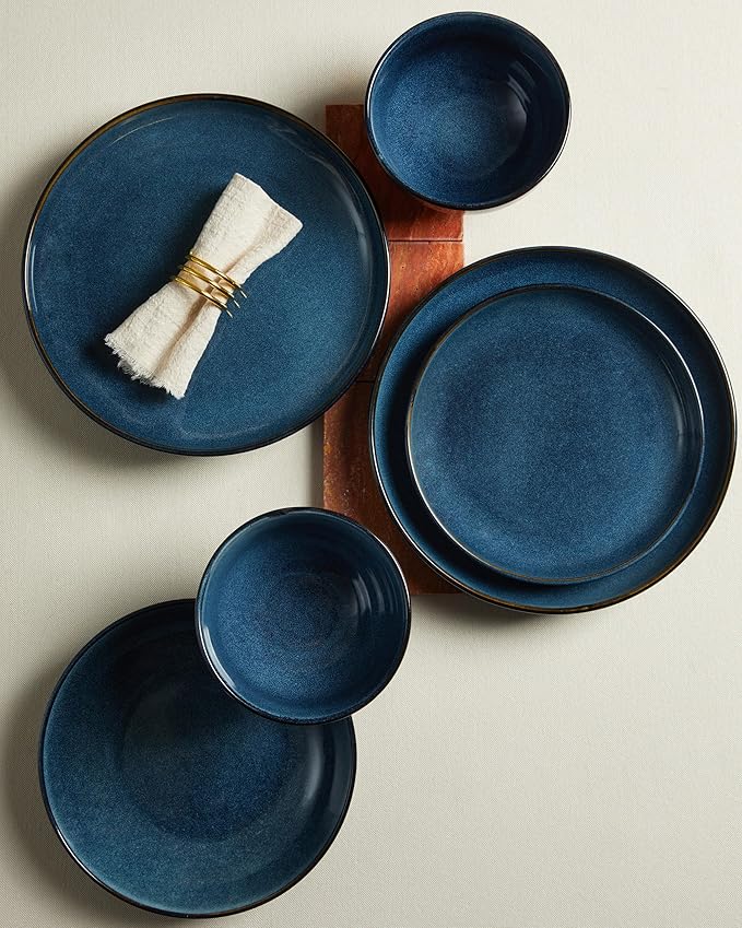 Stoneware Dinnerware Sets Service for 4, 12 pcs Reactive Glaze Plates and Bowls Sets, Handmade Ceramic Dish Set, Highly Chip and Crack Resistant Modern Plate Set, Starry Blue