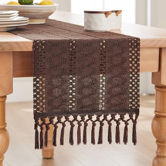 Macrame Style Boho Table Runner, 12x90 Inch Chocolate | Woven Boho Table Runner - Image 7