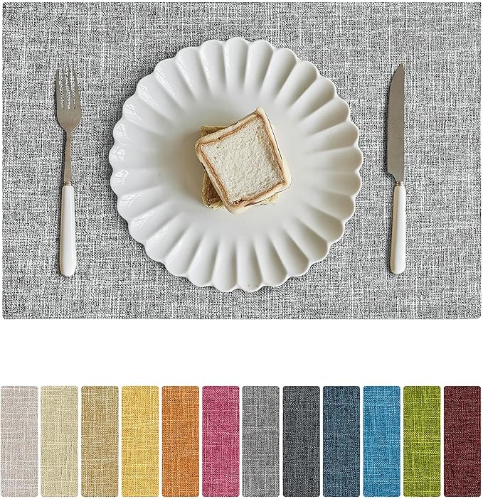 Softalker Faux Linen Placemats Set of 6-12 x 18 Inch, Heat Resistant Double Layered Durable Burlap Farmhouse Place Mats, Non-Slip Washable Rustic Table Mats for Dining, Kitchen, Party（Ash Grey