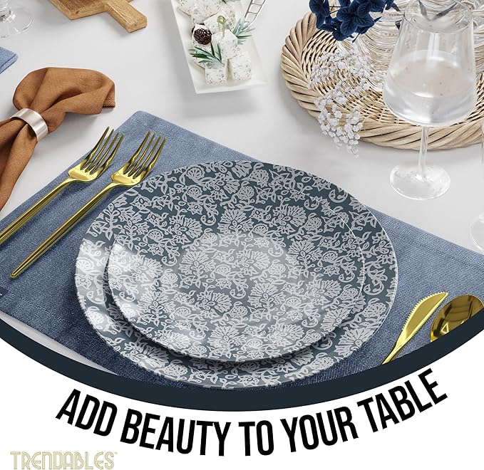 Trendables Disposable Dinnerware Decorative Plates Plastic Disposable Plates Set For 20 Guests 20 x 8 Inch Dessert Plate & 20 x 10 Inch Wedding Party Plate Set Garden Damask