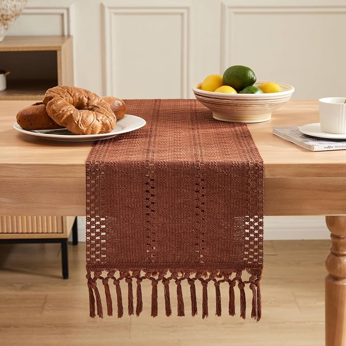 Macrame Style Boho Table Runner, 12x48 Inch Terracotta | Woven Boho Table Runner - Image 2
