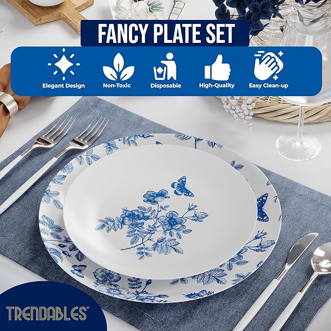 Trendables Disposable Plates For Party Supplies | Blue Floral Plastic Plates For Wedding 40 Pcs - 20 X 8 & 20 X 10 Dinner Plate Sets | Floral Plate Set Disposable Plastic Dinnerware Sets