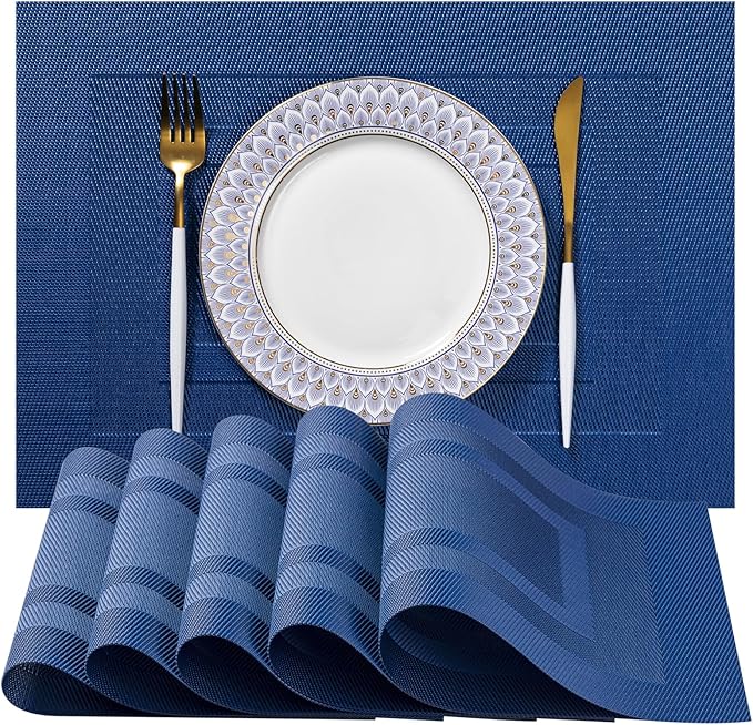 LEXMORE Placemats Set of 4 Vinyl/Plastic Woven Place Mats for Kitchen Table Indoor/Outdoor Washable Placemat Wipeable Dining Table Mats(Navy Cube)