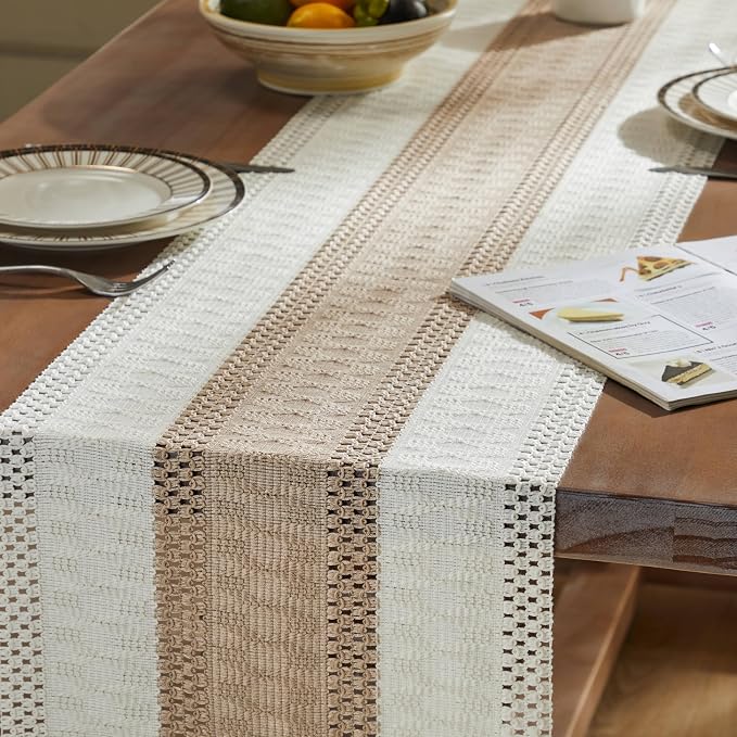 Macrame Style Bicolor Stitching Table Runner 14x48in Taupe | Woven Boho Table - Image 5