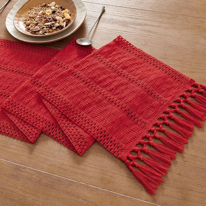 Macrame Style Boho Table Runner, 12x36 Inch Red | Woven Boho Table Runner - Image 7