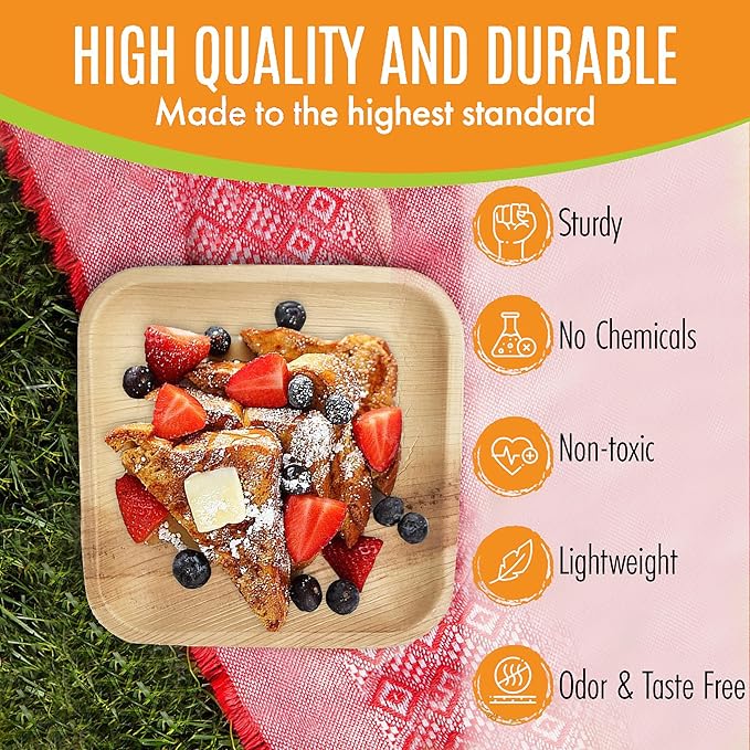 Raj Palm Leaf Plates Bulk [50-Pack] 7" Square Plates(20 CASES - 1000 PACK) like Bamboo plates Disposable, Strong, Decorative Compostable Tableware for weddings, Lunch, Dinner, Birthday, Camping