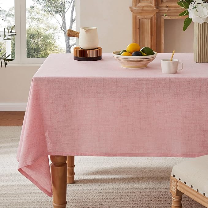 Linen Tablecloth for Rectangle Table, 60x104 Inch Pink, Farmhouse Style Pink Tablecloth, Water Resistant Burlap Tablecloths for Dining Table Farmhouse Kitchen