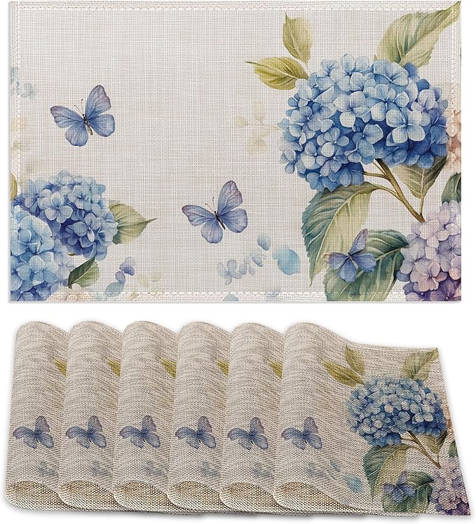 6 Pcs Placemats,Blue Hydrangea Placemat,Butterfly Floral Table Mats Washable Recyclable Table Placemats for Indoor Outdoor Heat Resistant Kitchen Dining 12"x18"